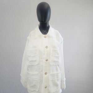 FP Movement by Free People Cream White Frayed Patch Pocket Jacket